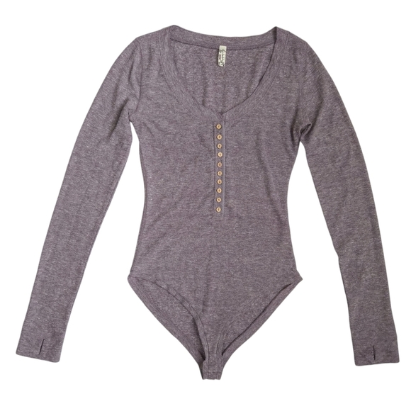 Free People Dylan Marled Heather Purple Thermal Long Sleeve Bodysuit Top - Picture 3 of 8